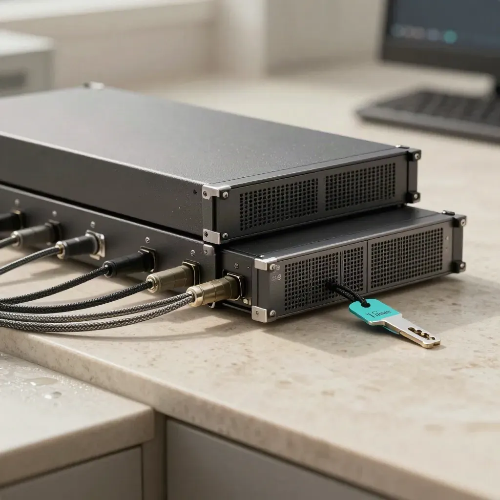 Vier Server-Module mit Glasfaserleitungen und Metallschlüssel auf hellem Stein im Studio.