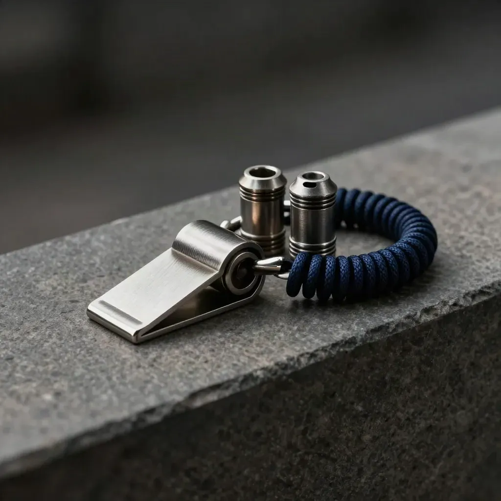 Stahlclip, zwei Kabelhülsen und ein Antistatikband auf dunklem Stein