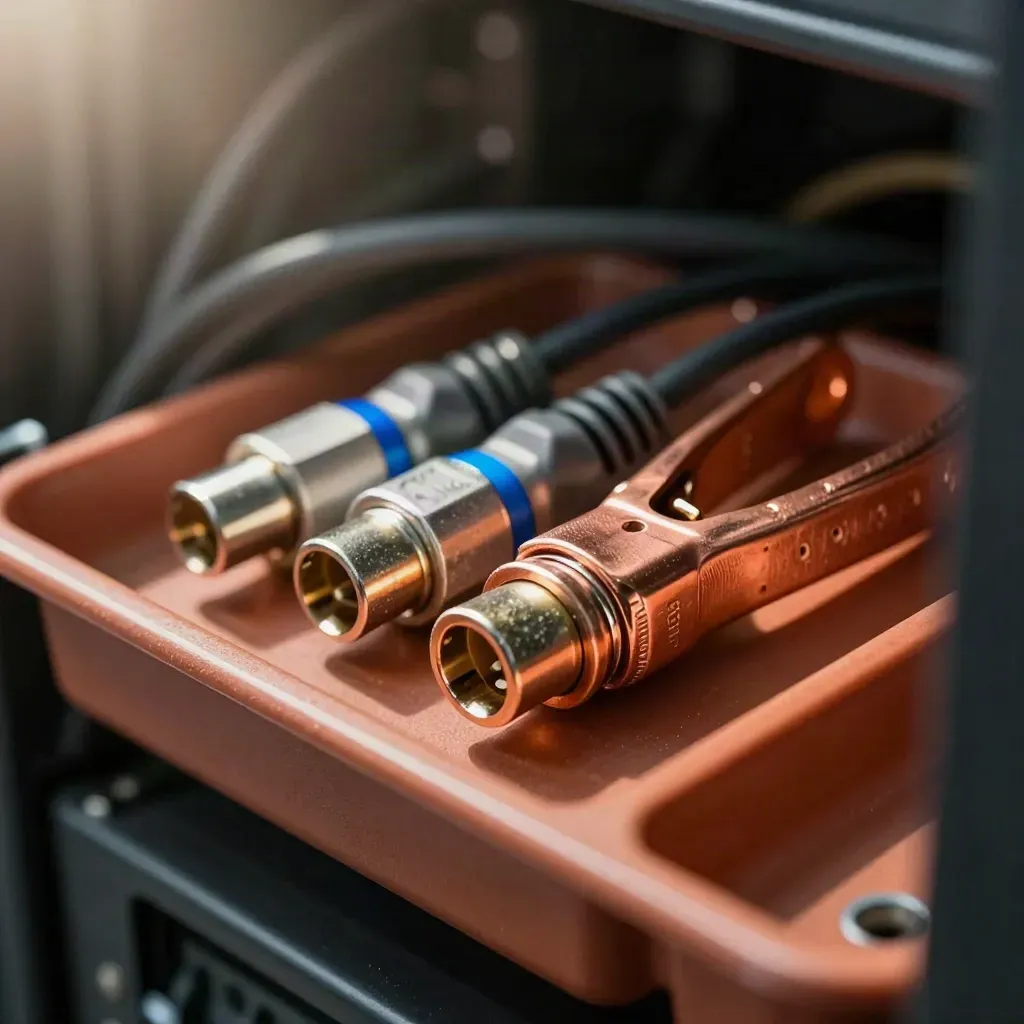 Loopback-Stecker und Kupferklemme auf terrakottafarbener Wartungsfläche im Serverschrank.