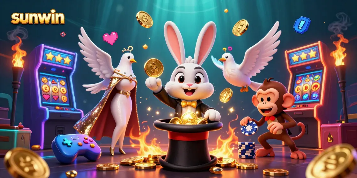 Experience thrilling gaming action with sunwin featuring a 3D magician rabbit and vibrant slot elements.