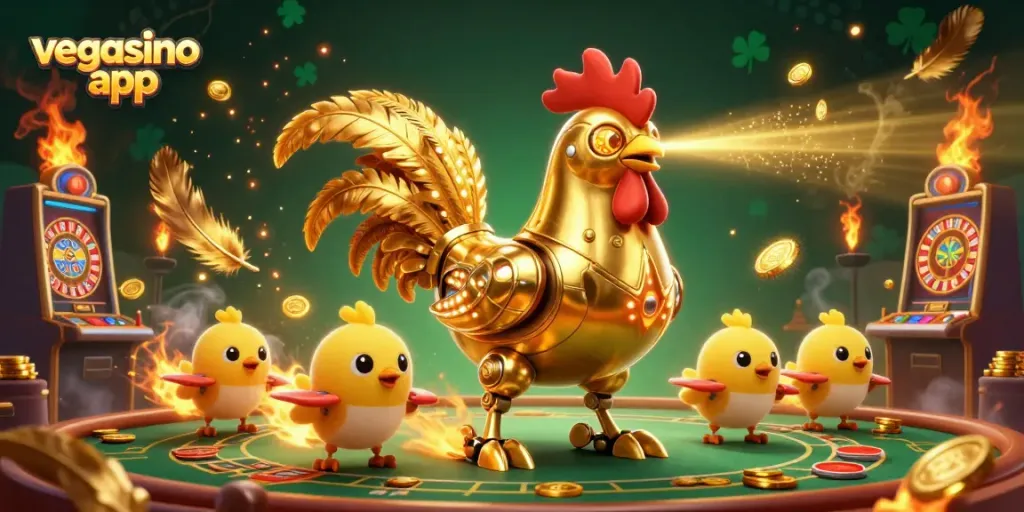 Play and win with the vegasino app, featuring a golden rooster robot and casino elements.