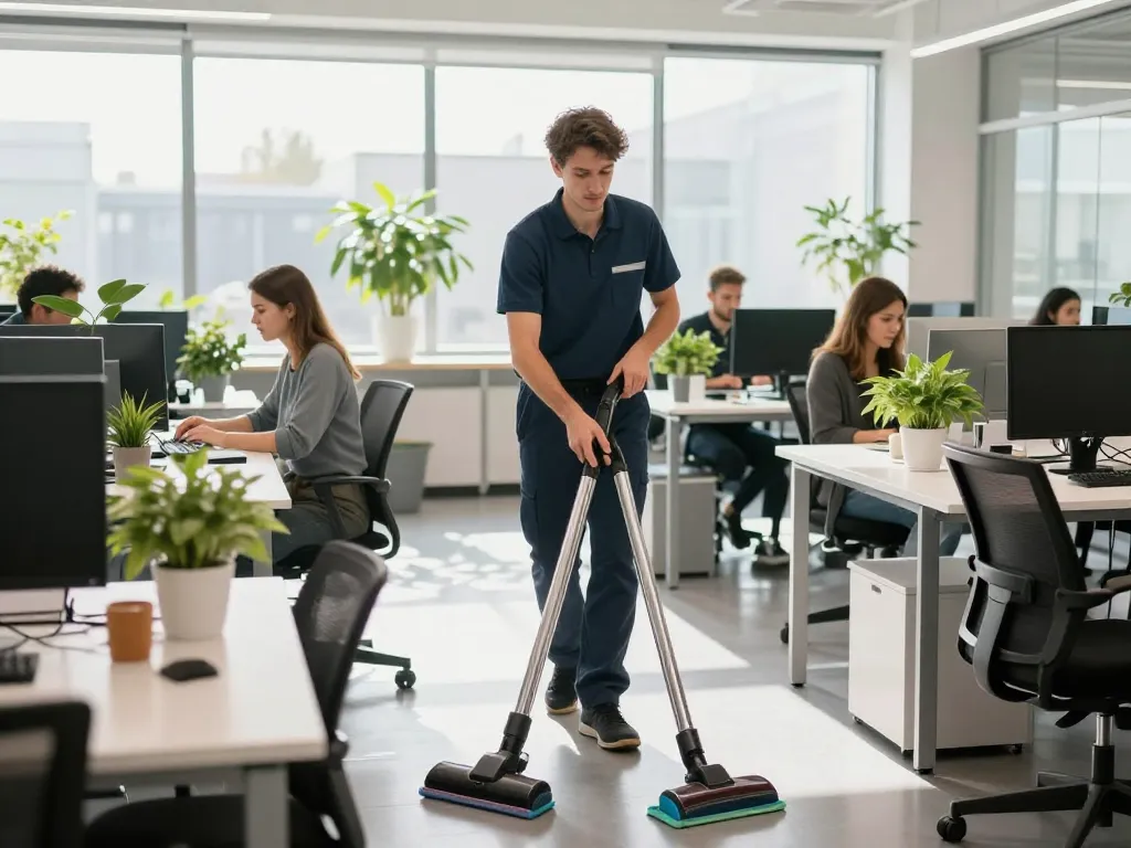 Unterhaltsreinigung in Münster – professioneller Reiniger, der Sauberkeit in modernen Büroumgebungen gewährleistet.
