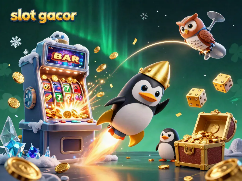 Experience the thrilling action of slot gacor with a golden penguin in a bustling casino scene.