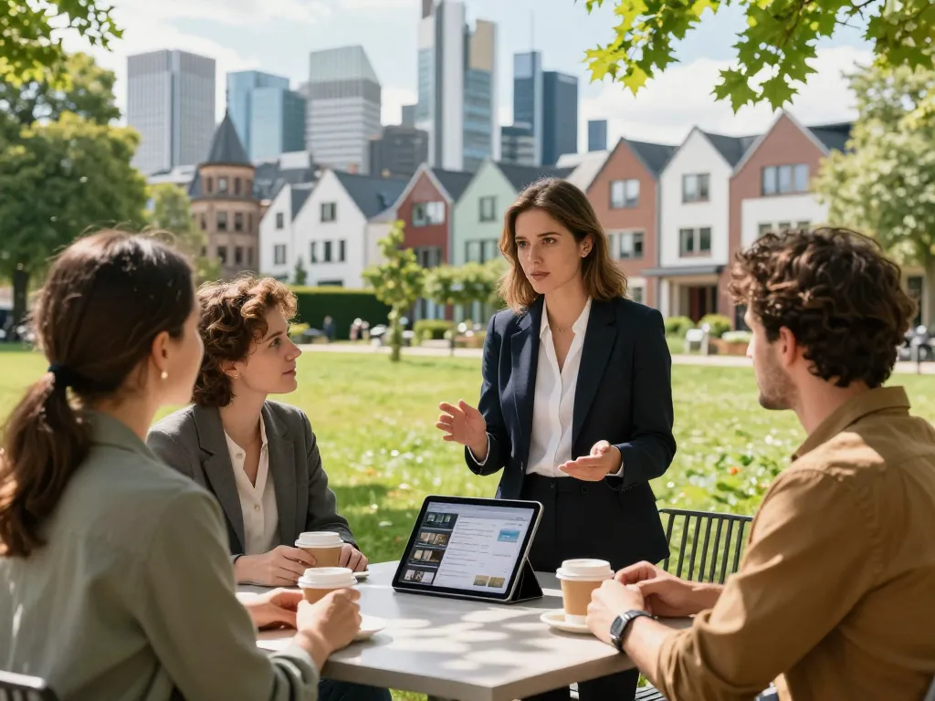Immobilienmakler Frankfurt Ginnheim diskutiert Immobilienoptionen mit Kunden in lebhaft grünem Umfeld.