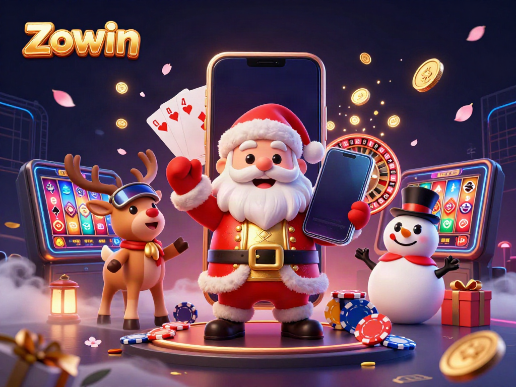 Zowin features a festive scene with a 3D cartoon Santa using a smartphone to showcase jackpot slots.