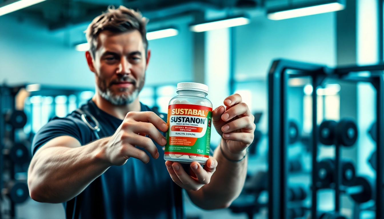 Sustabal Sustanon in action during a professional fitness demonstration in a gym.