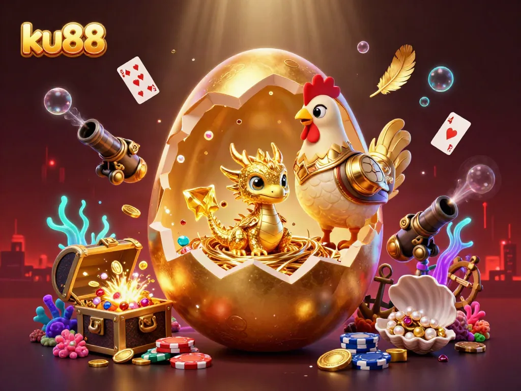 Experience the excitement of ku88 with a dazzling baby dragon and golden poker chips in this vibrant casino scene.