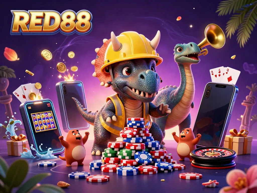 Engage with exciting gameplay at RED88 featuring a dynamic festive scene with a triceratops and gaming elements.