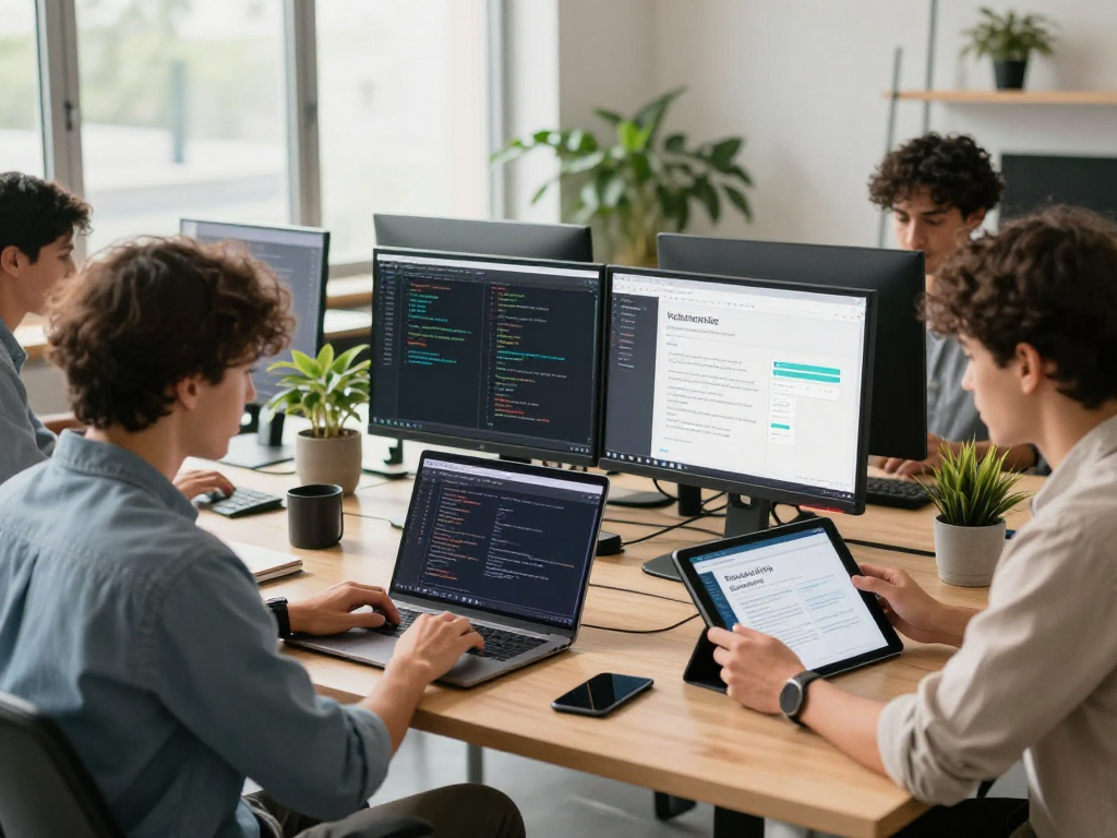 Barrierefreie und rechtssichere Webseiten Dienstleistung: Team bei der Entwicklung barrierefreier Webseiten in modernem Büro, Zusammenarbeit und Technik im Vordergrund.