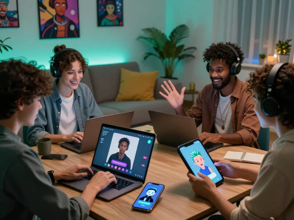 Engaging individuals using an NSFW chat bot on various devices in a cozy, colorful setting with digital avatars.