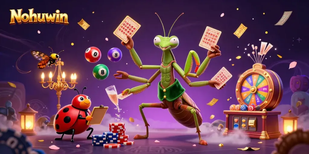 Nohuwin's vibrant casino scene features a giant praying mantis dealing cards and colorful lottery elements around.