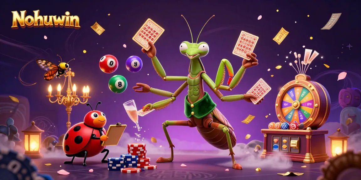 Nohuwin's vibrant casino scene features a giant praying mantis dealing cards and colorful lottery elements around.
