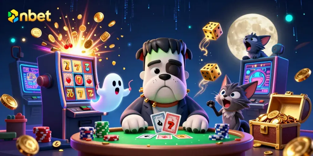 Experience thrilling gaming at NBET with a 3D cartoon scene featuring unique characters and vibrant casino elements.