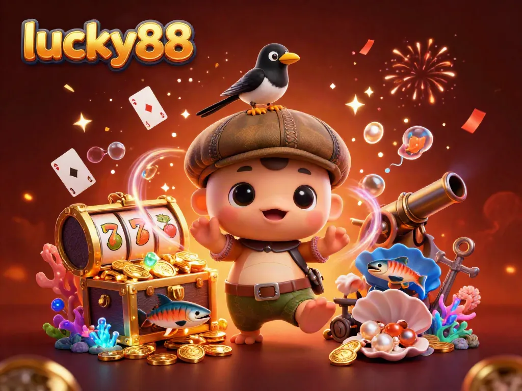 Engage with lucky88's thrilling gaming scene featuring a whimsical baby Nessie, vibrant symbols, and treasure.