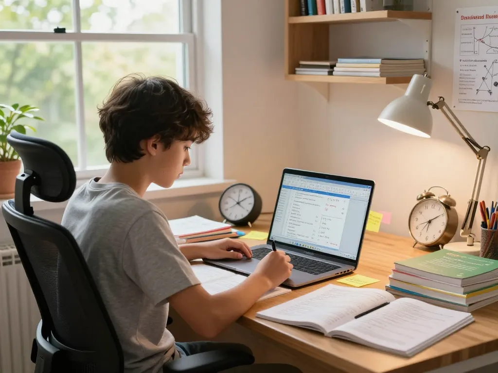 Student, der Technologie nutzt, um Hausaufgaben in einem Arbeitsbereich mit Büchern und Mathematikmaterialien zu lösen.