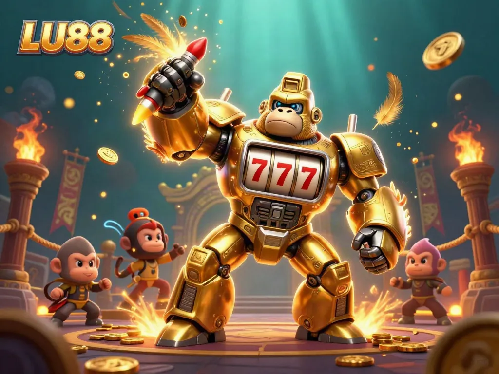 LU88 transforms gaming with a golden gorilla mech amidst vibrant casino elements and dynamic effects.