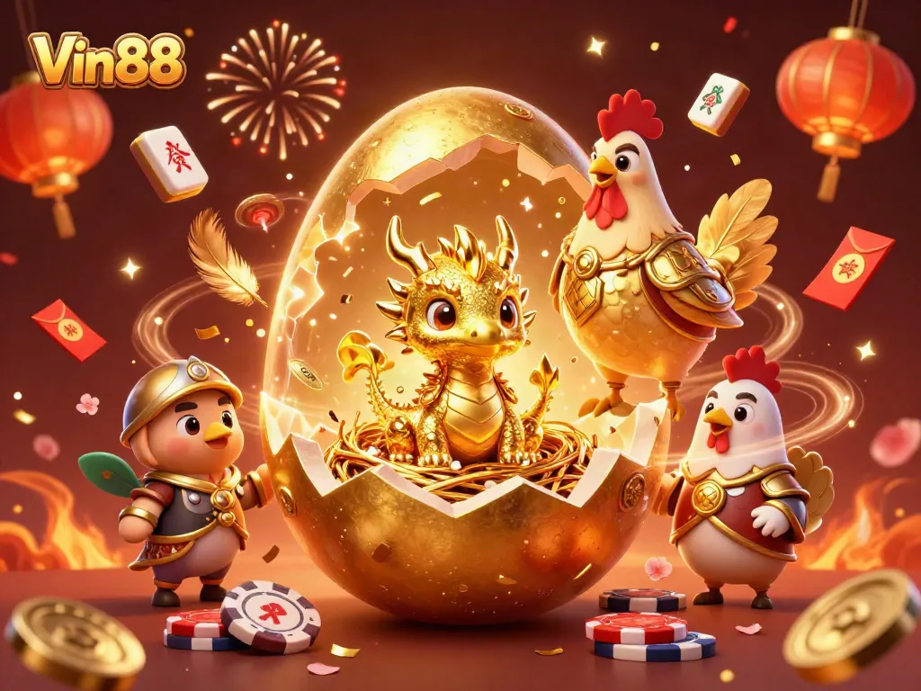 Experience thrilling victories at Vin88 with a dynamic casino scene featuring a golden dragon and poker chips.