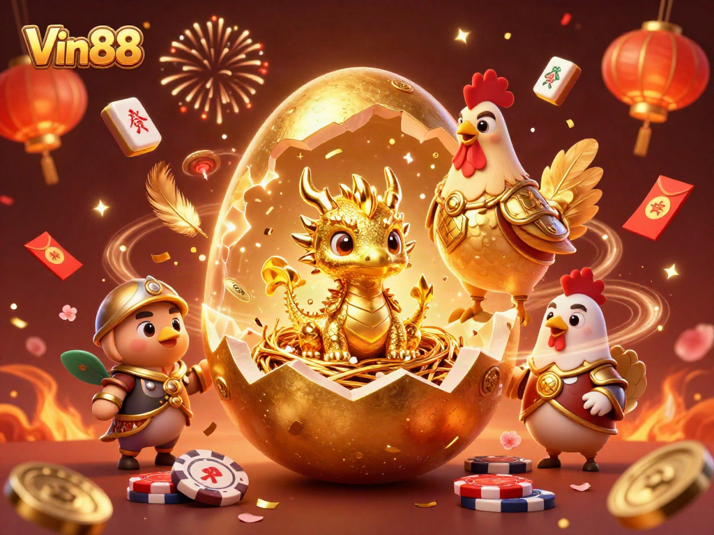 Experience thrilling victories at Vin88 with a dynamic casino scene featuring a golden dragon and poker chips.