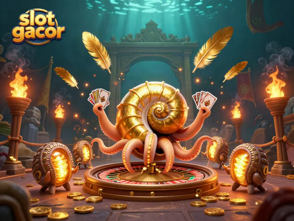 Experience thrilling spin wins at slot gacor with a giant nautilus roulette and glowing cards!