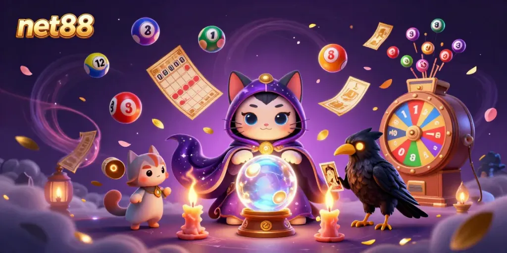 Experience the thrilling world of net88 with a mystical cat, glowing raven, and vibrant lottery elements.