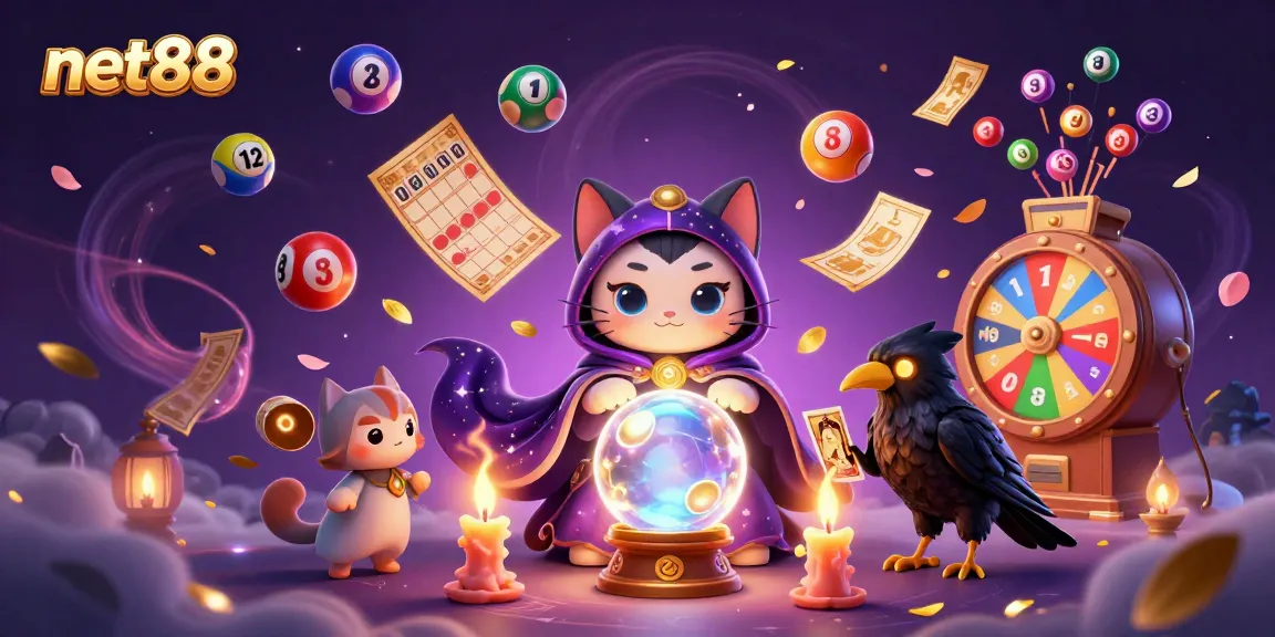 Experience the thrilling world of net88 with a mystical cat, glowing raven, and vibrant lottery elements.