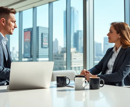 Headhunter Schweiz berät einen Kandidaten in einem modernen Büro über Karrieremöglichkeiten.