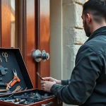 Wiesbaden Schlüsseldienst-Techniker hilft einem Hauseigentümer bei der Reparatur eines Türschlosses in einem Wohnbereich.