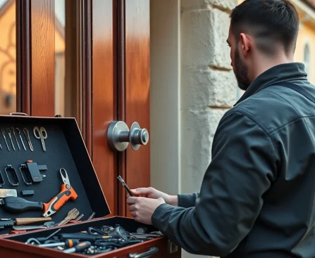 Wiesbaden Schlüsseldienst-Techniker hilft einem Hauseigentümer bei der Reparatur eines Türschlosses in einem Wohnbereich.