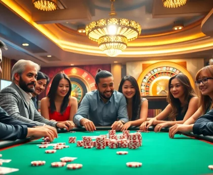 Players strategizing during a game bài at a luxurious casino table.