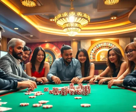 Players strategizing during a game bài at a luxurious casino table.
