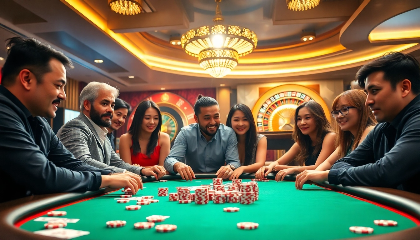Players strategizing during a game bài at a luxurious casino table.