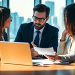 Headhunter Schweiz berät Kunden in einem modernen Büro mit Stadtansicht.
