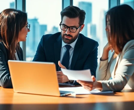 Headhunter Schweiz berät Kunden in einem modernen Büro mit Stadtansicht.