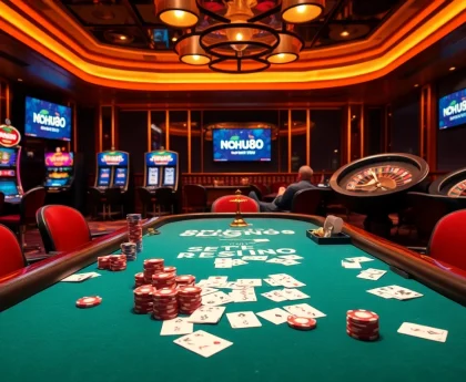 Experience the excitement of NOHU90 at a luxury casino poker table filled with vibrant cards and chips.