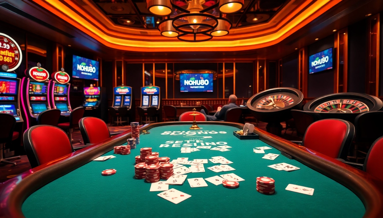 Experience the excitement of NOHU90 at a luxury casino poker table filled with vibrant cards and chips.