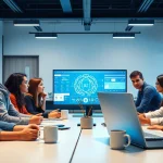 Dynamic group of young adults aged 18+ collaborating on AI projects in a modern workspace, showcasing ai 18+ technology.