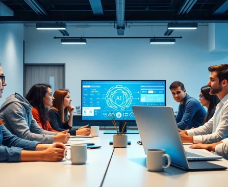 Dynamic group of young adults aged 18+ collaborating on AI projects in a modern workspace, showcasing ai 18+ technology.