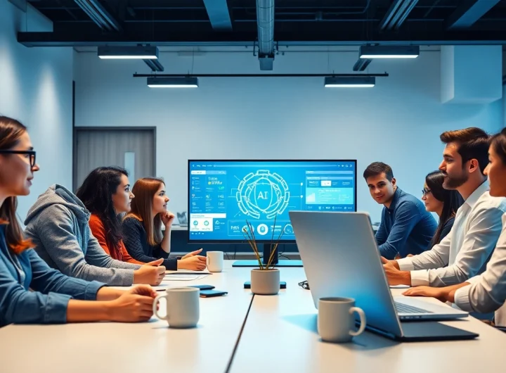 Dynamic group of young adults aged 18+ collaborating on AI projects in a modern workspace, showcasing ai 18+ technology.