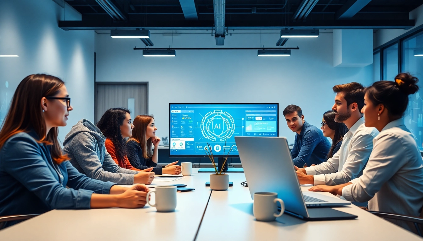 Dynamic group of young adults aged 18+ collaborating on AI projects in a modern workspace, showcasing ai 18+ technology.