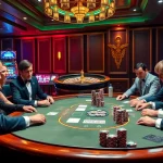 Excited gamblers engaged at a poker table, highlighting MMOO betting in a luxurious casino setting.