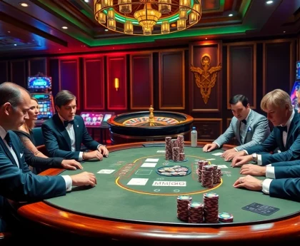Excited gamblers engaged at a poker table, highlighting MMOO betting in a luxurious casino setting.