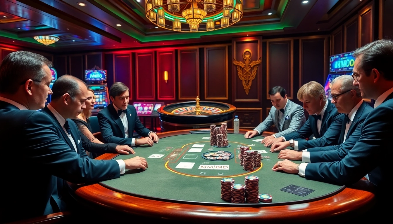 Excited gamblers engaged at a poker table, highlighting MMOO betting in a luxurious casino setting.