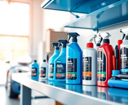 Koch Chemie Produkte auf einem modernen Regalsystem im Auto-Pflege Bereich.