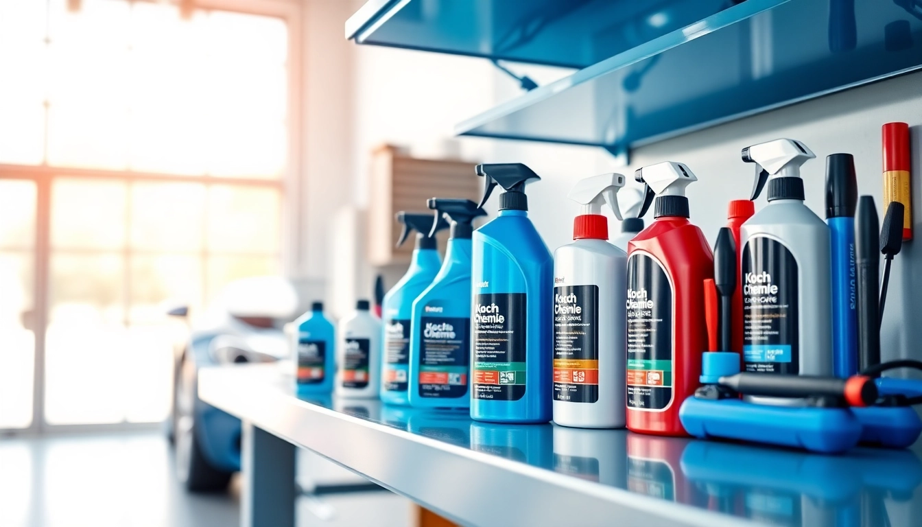 Koch Chemie Produkte auf einem modernen Regalsystem im Auto-Pflege Bereich.