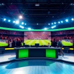 Engaging scene of sports broadcasting studio capturing the excitement of live sports events.
