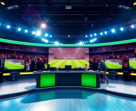 Engaging scene of sports broadcasting studio capturing the excitement of live sports events.
