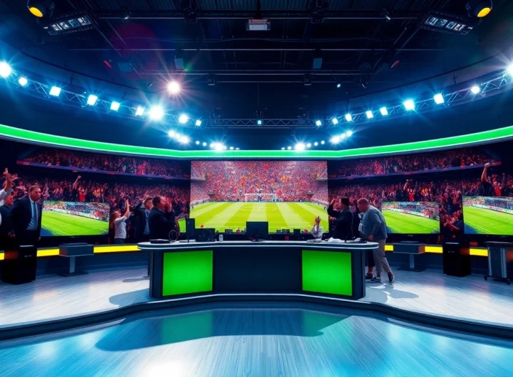 Engaging scene of sports broadcasting studio capturing the excitement of live sports events.