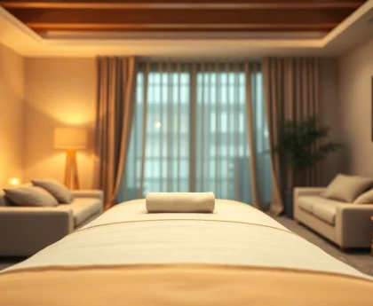 차분한 가정 환경에서 마사지 테이블과 촛불이 놓인 평택출장마사지 모습