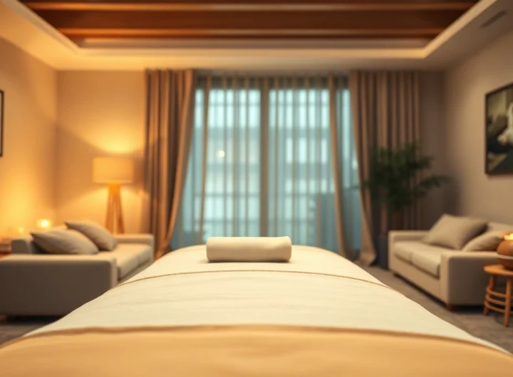 차분한 가정 환경에서 마사지 테이블과 촛불이 놓인 평택출장마사지 모습