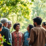 Promoting mental health awareness through community support in a serene outdoor setting.